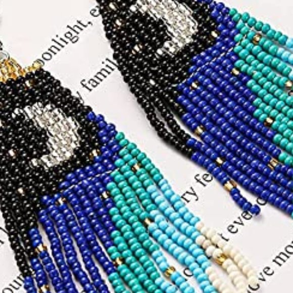 Crescent Moon Night Long 5" Earrings Handmade Beaded Oversized Blue Black - Picture 7 of 7